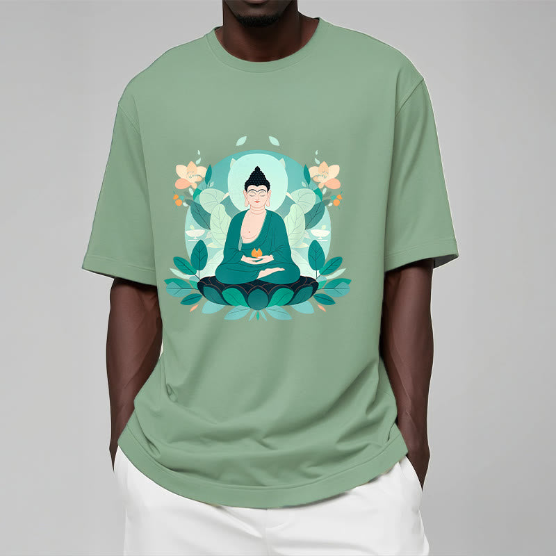 Buddha Stones目を閉じる グリーンリーフ仏陀Tシャツ - image 2
