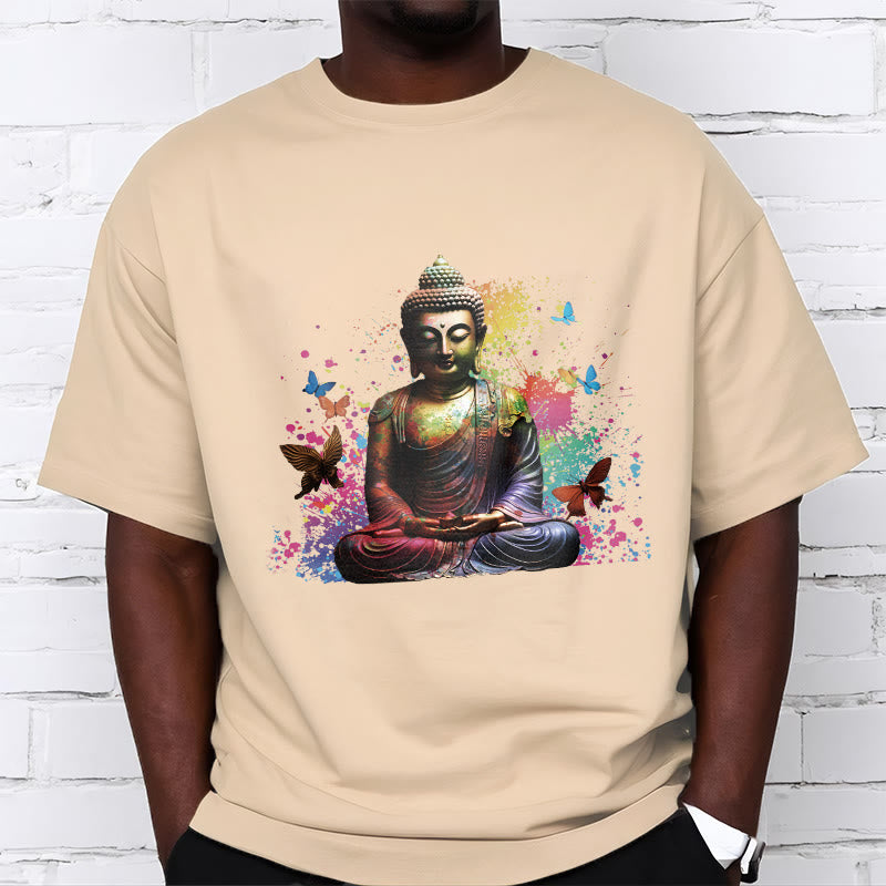 Buddha Stones、カラフルな蝶が飛んでいる瞑想仏陀Tシ​​ャツ - image 9