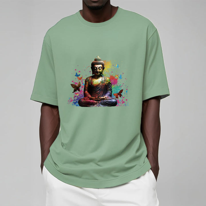 Buddha Stones、カラフルな蝶が飛んでいる瞑想仏陀Tシ​​ャツ - image 14