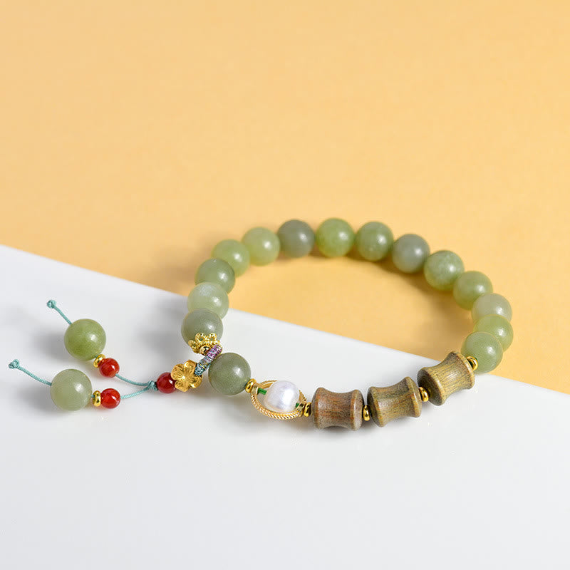 Buddha Stones、翡翠、白檀、竹、真珠の繁栄のブレスレット