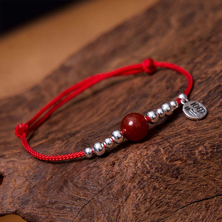 Buddha Stonesハンドメイド 925 スターリングシルバー 福文字 赤瑪瑙 幸運 編み込み 極薄 ロープ ブレスレット