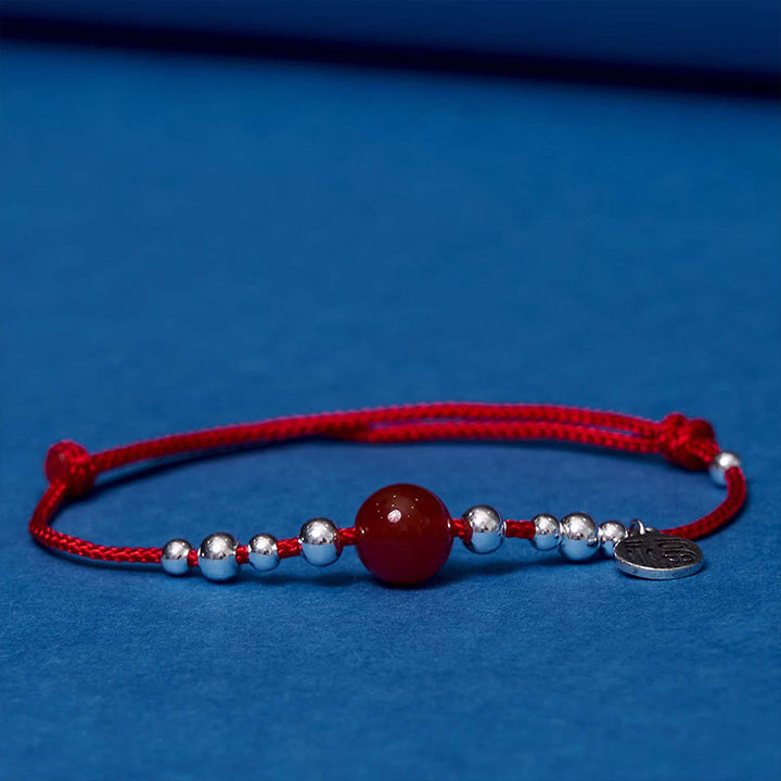 Buddha Stonesハンドメイド 925 スターリングシルバー 福文字 赤瑪瑙 幸運 編み込み 極薄 ロープ ブレスレット