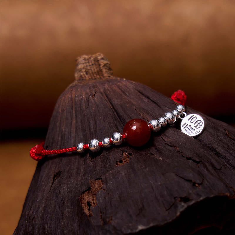 Buddha Stonesハンドメイド 925 スターリングシルバー 福文字 赤瑪瑙 幸運 編み込み 極薄 ロープ ブレスレット