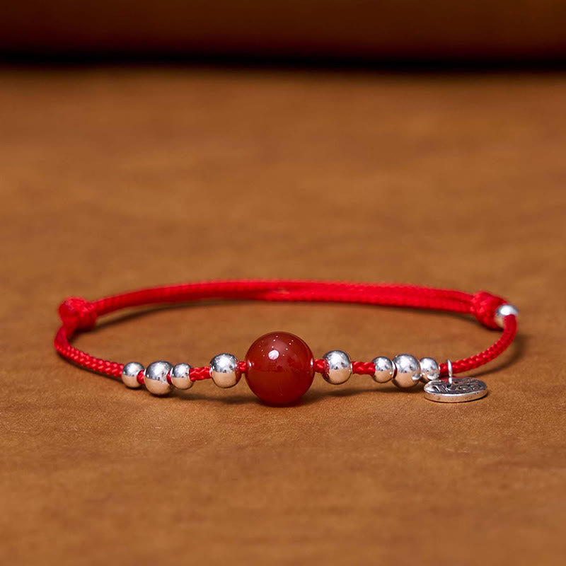 Buddha Stonesハンドメイド 925 スターリングシルバー 福文字 赤瑪瑙 幸運 編み込み 極薄 ロープ ブレスレット