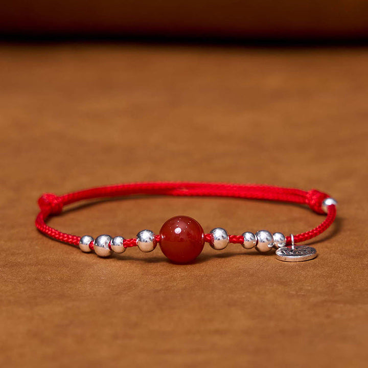 Buddha Stonesハンドメイド 925 スターリングシルバー 福文字 赤瑪瑙 幸運 編み込み 極薄 ロープ ブレスレット