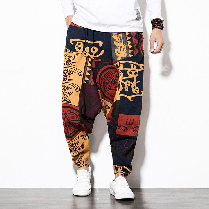 Buddha Stonesレッドブラウン グラフィティ バードプリント メンズ ハーレムパンツ ポケット付き - image 1