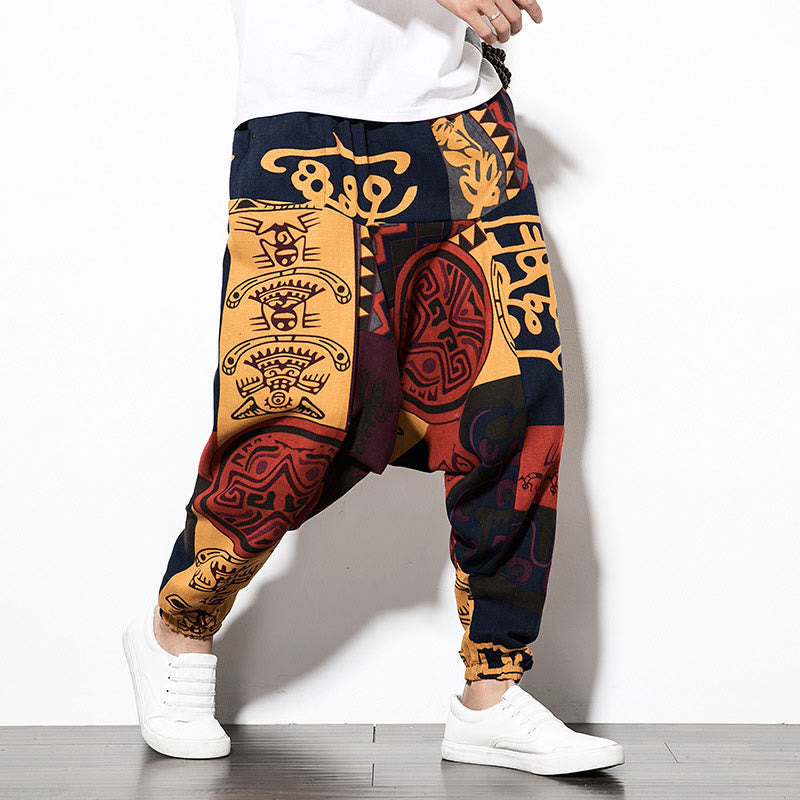 Buddha Stonesレッドブラウン グラフィティ バードプリント コットン メンズ ハーレムパンツ ポケット付き - image 3