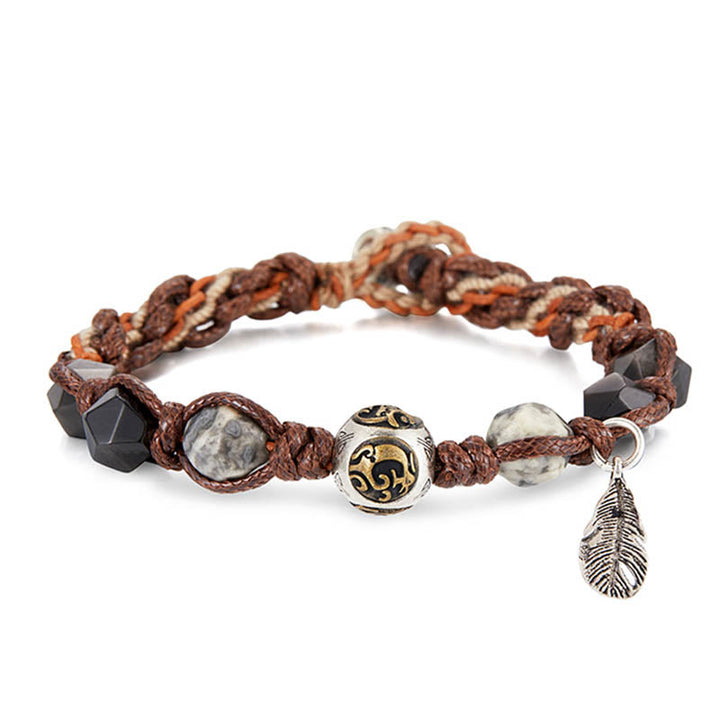 Buddha Stonesレトロ 925 スターリングシルバー シルバーシーン オブシディアン トランスポートロープ ハンドメイド編み込みブレスレット