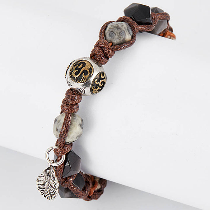 Buddha Stonesレトロ 925 スターリングシルバー シルバーシーン オブシディアン トランスポートロープ ハンドメイド編み込みブレスレット