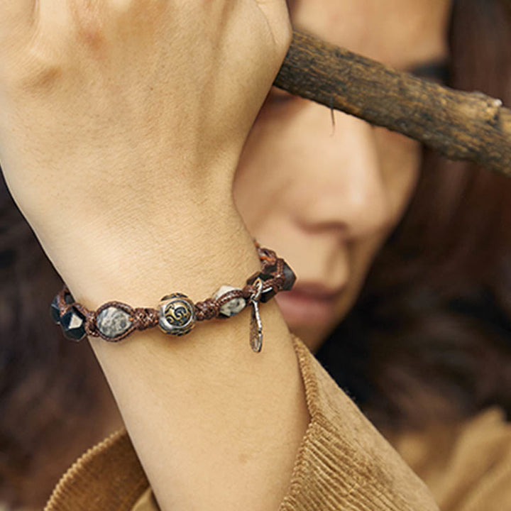 Buddha Stonesレトロ 925 スターリングシルバー シルバーシーン オブシディアン トランスポートロープ ハンドメイド編み込みブレスレット
