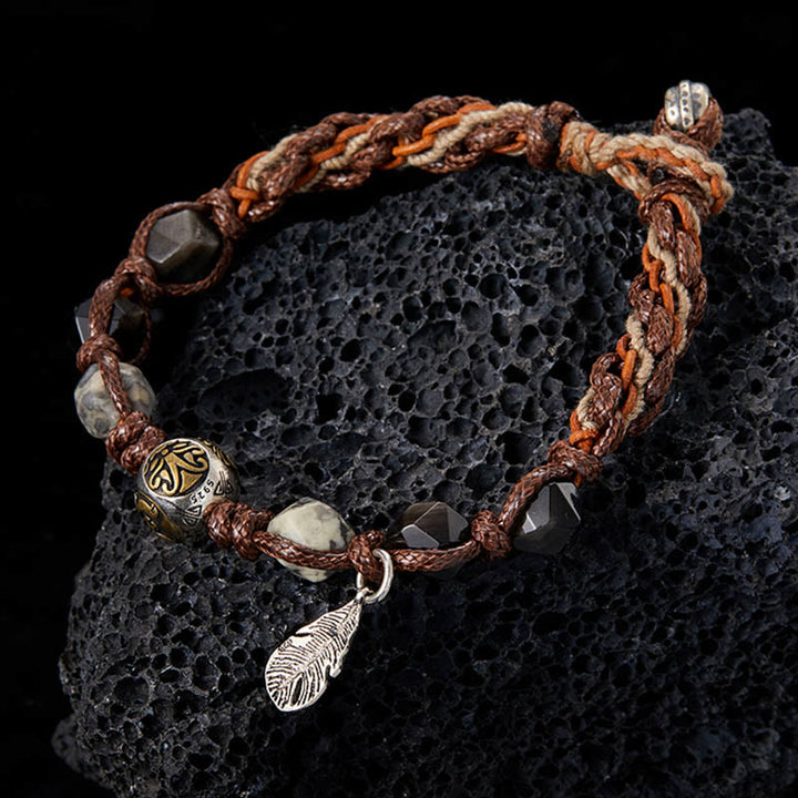 Buddha Stonesレトロ 925 スターリングシルバー シルバーシーン オブシディアン トランスポートロープ ハンドメイド編み込みブレスレット