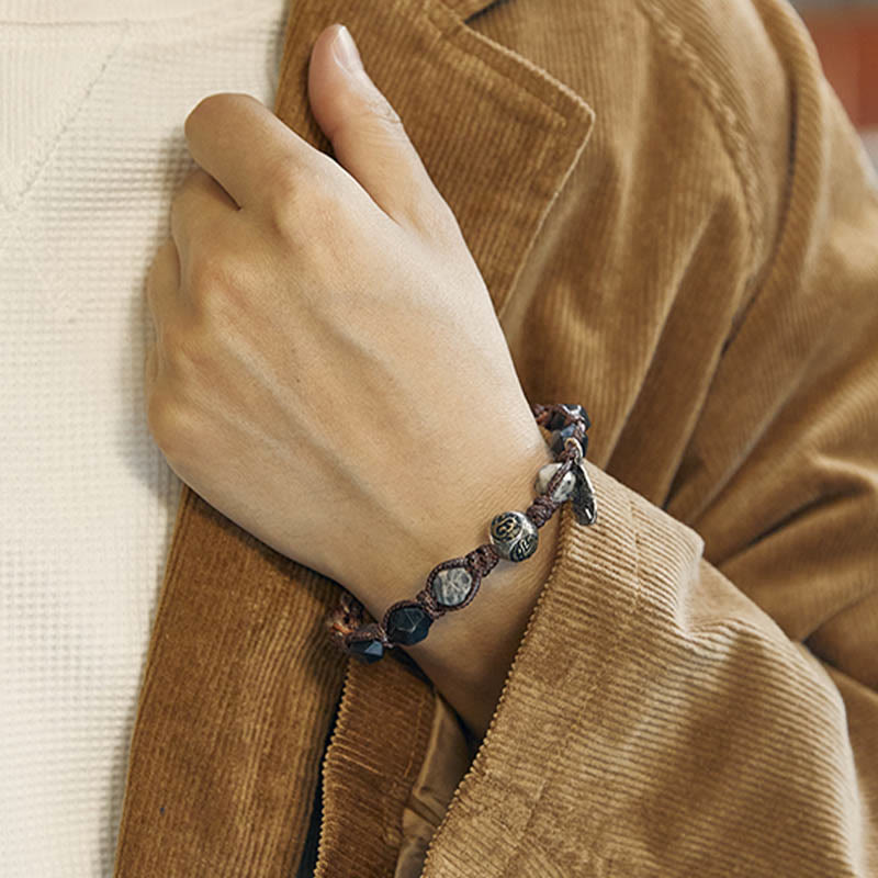 Buddha Stonesレトロ 925 スターリングシルバー シルバーシーン オブシディアン トランスポートロープ ハンドメイド編み込みブレスレット