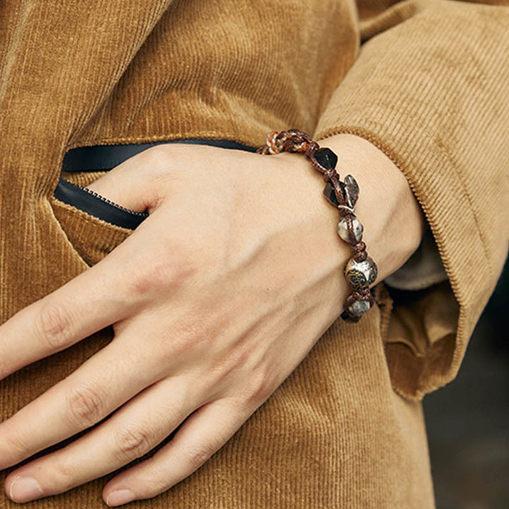 Buddha Stonesレトロ 925 スターリングシルバー シルバーシーン オブシディアン トランスポートロープ ハンドメイド編み込みブレスレット
