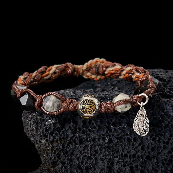 Buddha Stonesレトロ 925 スターリングシルバー シルバーシーン オブシディアン トランスポートロープ ハンドメイド編み込みブレスレット
