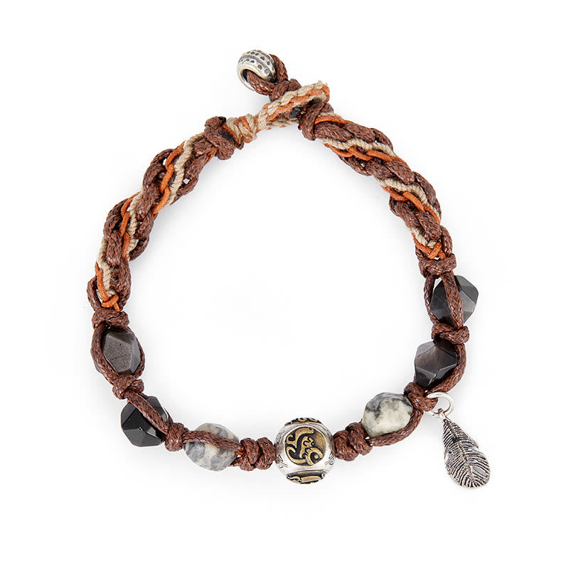 Buddha Stonesレトロ 925 スターリングシルバー シルバーシーン オブシディアン トランスポートロープ ハンドメイド編み込みブレスレット