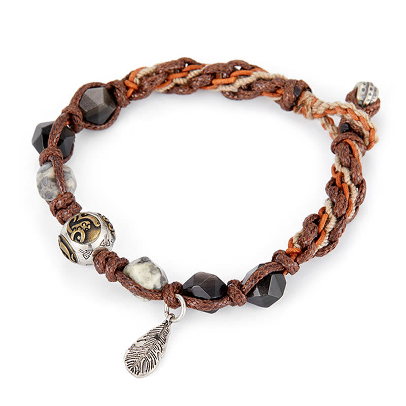 Buddha Stonesレトロ 925 スターリングシルバー シルバーシーン オブシディアン トランスポートロープ ハンドメイド編み込みブレスレット