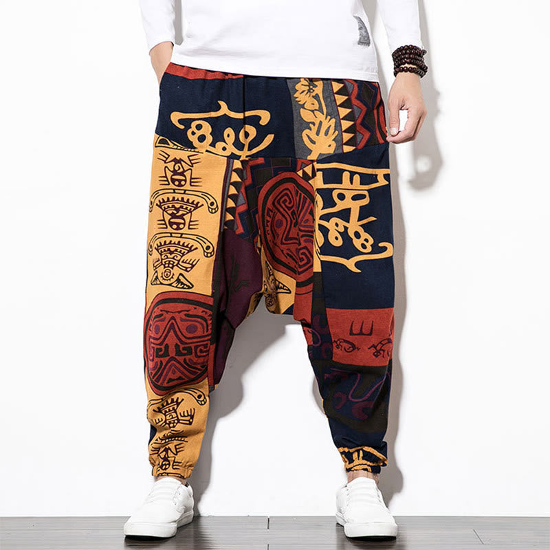 Buddha Stonesレッドブラウン グラフィティ バードプリント コットン メンズ ハーレムパンツ ポケット付き - image 10