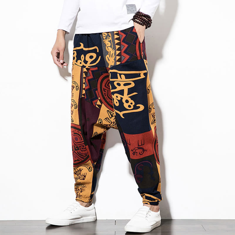 Buddha Stonesレッドブラウン グラフィティ バードプリント コットン メンズ ハーレムパンツ ポケット付き - image 4