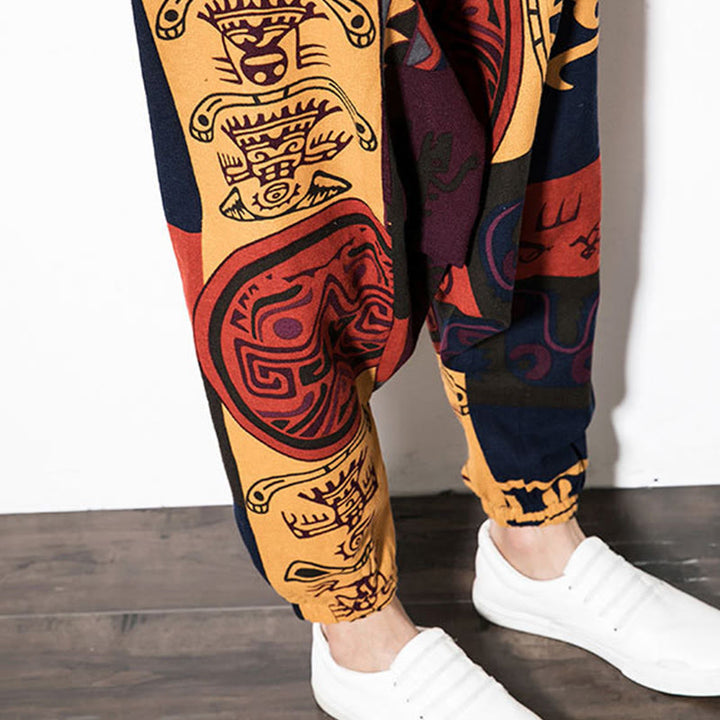 Buddha Stonesレッドブラウン グラフィティ バードプリント コットン メンズ ハーレムパンツ ポケット付き - image 9