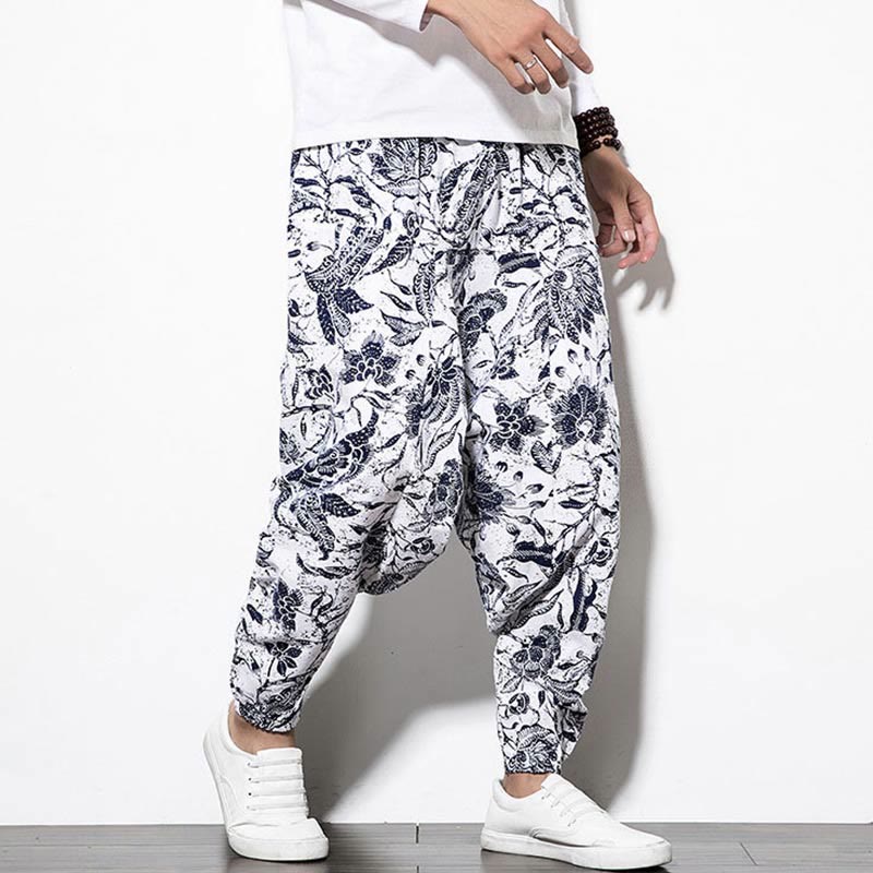 Buddha Stonesと葉、つる柄プリントのコットンメンズロング丈クロップドハーレムパンツ（ポケット付き） - image 4