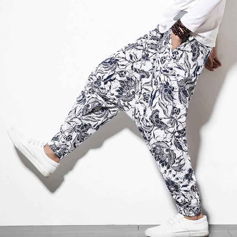 Buddha Stonesと葉、つる柄プリントのコットンメンズロング丈クロップドハーレムパンツ（ポケット付き） - image 6