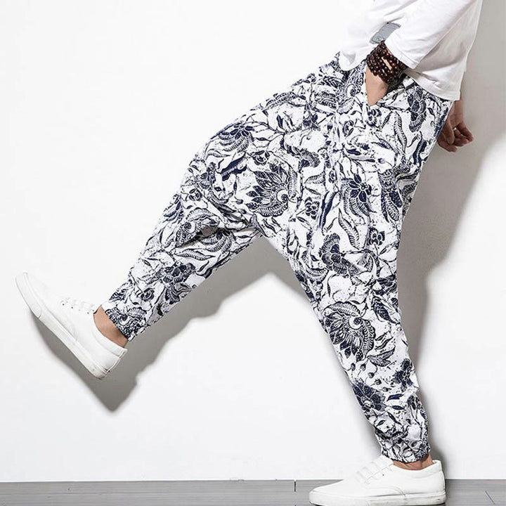 Buddha Stonesと葉、つる柄プリントのコットンメンズロング丈クロップドハーレムパンツ（ポケット付き） - image 6