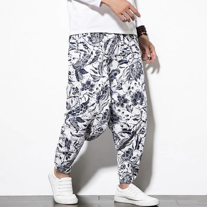 Buddha Stonesと葉、つる柄プリントのコットンメンズロング丈クロップドハーレムパンツ（ポケット付き） - image 4