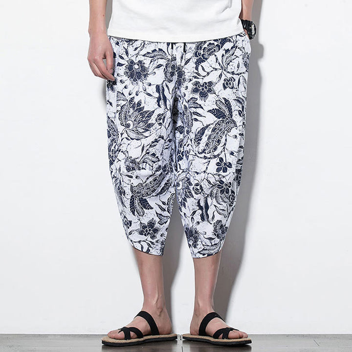 Buddha Stonesと葉、つる柄プリントのコットンメンズロング丈クロップドハーレムパンツ（ポケット付き） - image 17