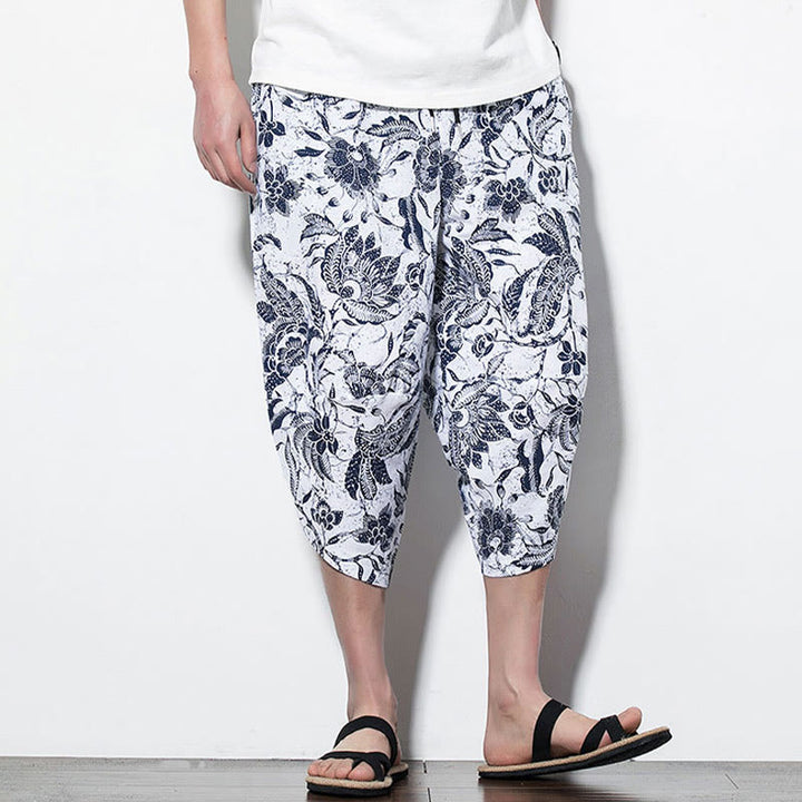 Buddha Stonesと葉、つる柄プリントのコットンメンズロング丈クロップドハーレムパンツ（ポケット付き） - image 14