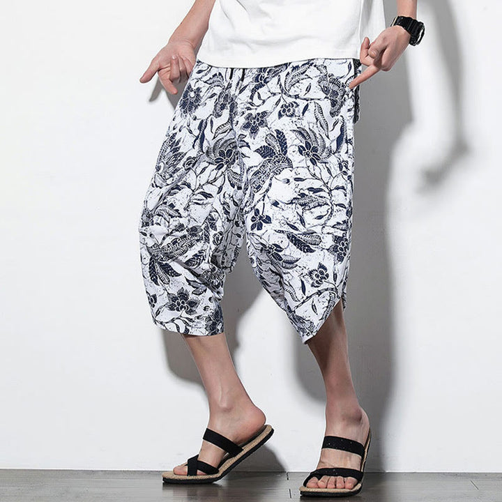 Buddha Stonesと葉、つる柄プリントのコットンメンズロング丈クロップドハーレムパンツ（ポケット付き） - image 15