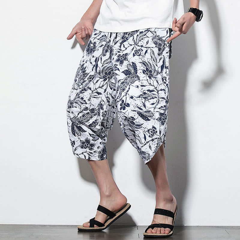 Buddha Stonesと葉、つる柄プリントのコットンメンズロング丈クロップドハーレムパンツ（ポケット付き） - image 15