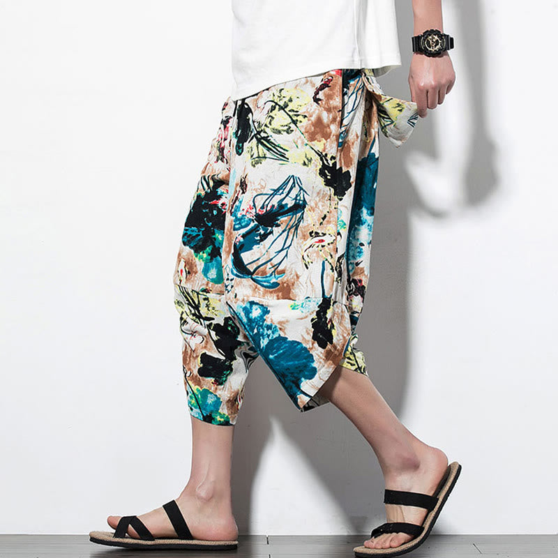 Buddha Stones、花、葉、ブラウン、ブルーの絵画プリント、コットンメンズロング丈クロップドハーレムパンツ（ポケット付き） - クロップドスタイル サンディブラウンブルー - US/UK/AU46、 EU56 (5XL) - image 9