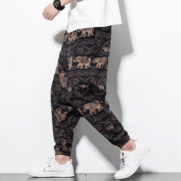 Buddha Stonesエレファント ブラウン ブラック プリント コットン メンズ ロング クロップド ハーレムパンツ ポケット付き - image 8