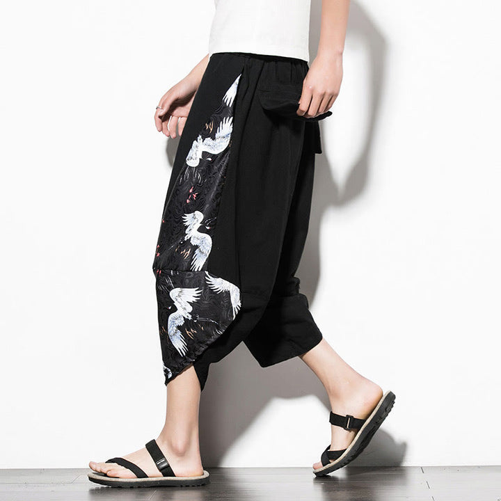 Buddha Stonesホワイトクレーンプリント コットン メンズ クロップド ハーレムパンツ ポケット付き - 黒 - US/UK/AU46、 EU56 (5XL)  - image 0