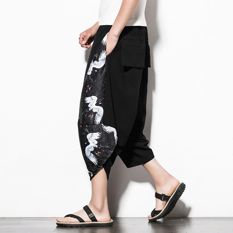 Buddha Stonesホワイトクレーンプリント コットン メンズ クロップド ハーレムパンツ ポケット付き - image 4