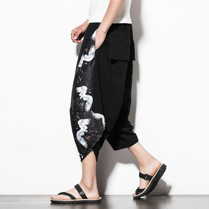 Buddha Stonesホワイトクレーンプリント コットン メンズ クロップド ハーレムパンツ ポケット付き - image 4