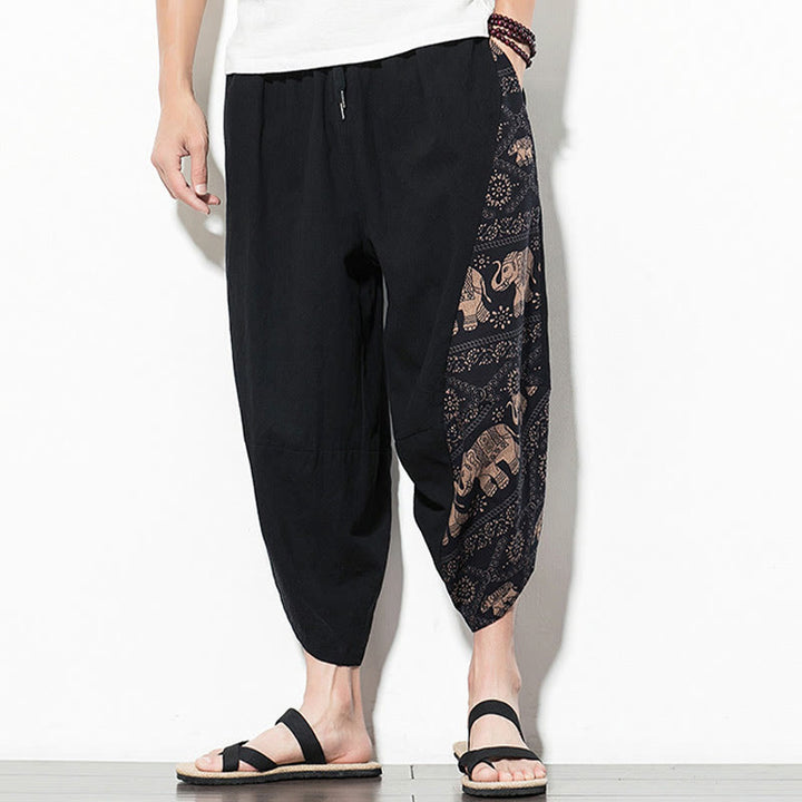 Buddha Stonesブラウン エレファントプリント コットン メンズ クロップド ハーレムパンツ ポケット付き - image 1