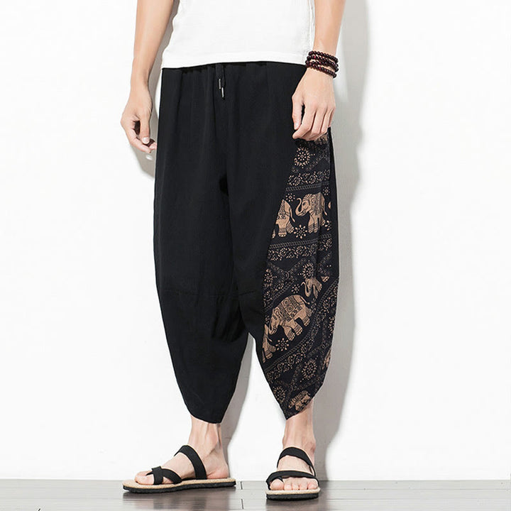 Buddha Stonesブラウン エレファントプリント コットン メンズ クロップド ハーレムパンツ ポケット付き - image 3