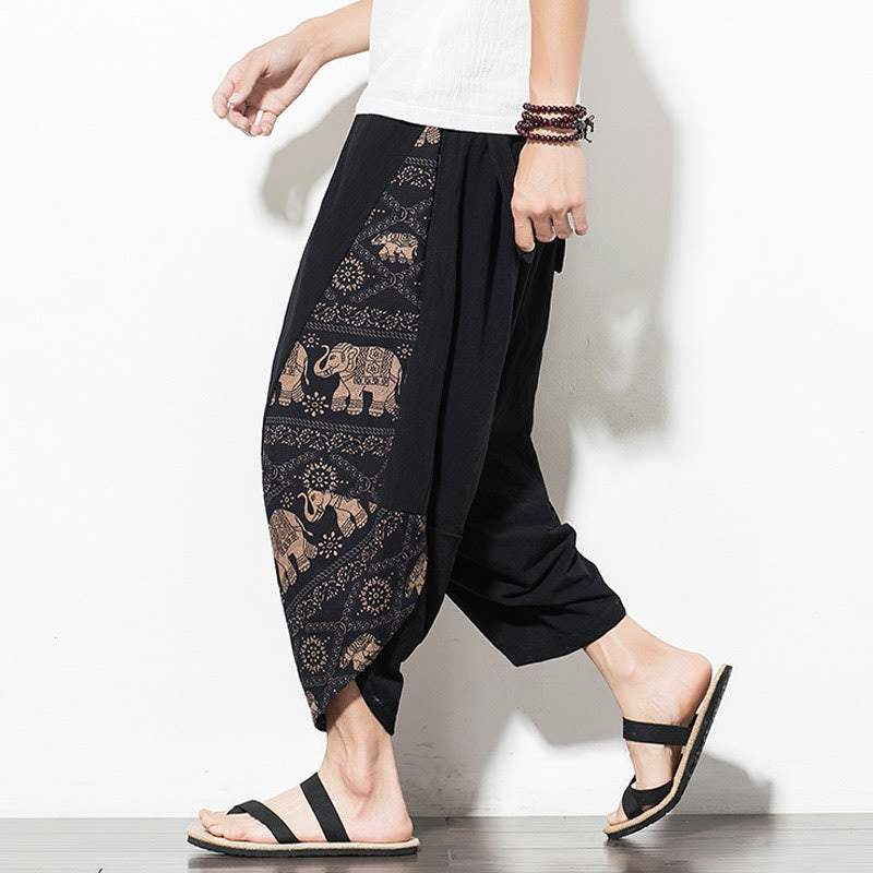 Buddha Stonesブラウン エレファントプリント コットン メンズ クロップド ハーレムパンツ ポケット付き - image 5