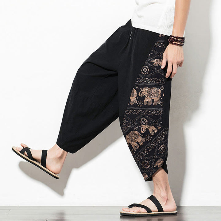 Buddha Stonesブラウン エレファントプリント コットン メンズ クロップド ハーレムパンツ ポケット付き - image 7
