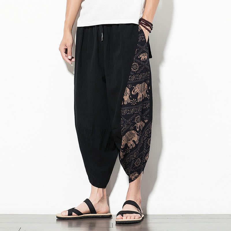 Buddha Stonesブラウン エレファントプリント コットン メンズ クロップド ハーレムパンツ ポケット付き - image 6