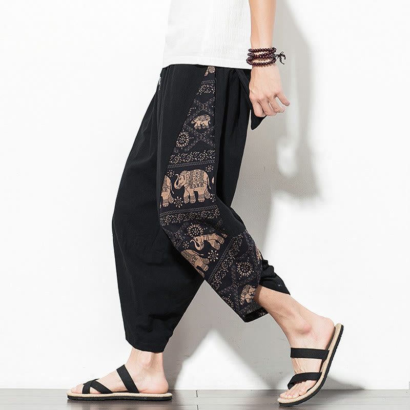 Buddha Stonesブラウン エレファントプリント コットン メンズ クロップド ハーレムパンツ ポケット付き - 黒 - US/UK/AU46、 EU56 (5XL) - image 0