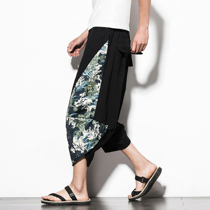 Buddha Stonesグリーンウェーブプリント コットン メンズ クロップド ハーレムパンツ ポケット付き - 黒 - US/UK/AU46、 EU56 (5XL)  - image 0