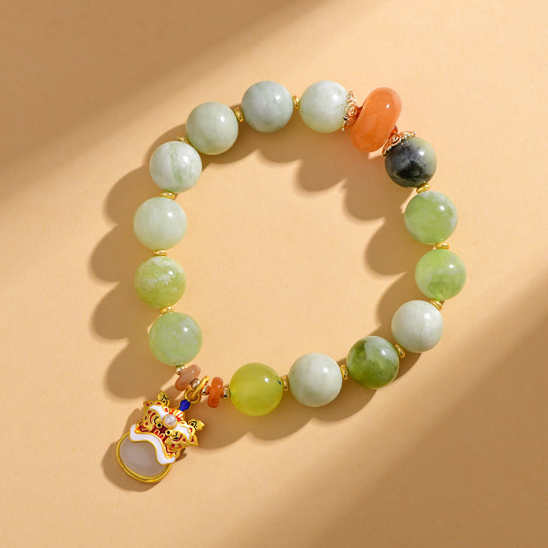 Buddha Stones天然翡翠ダンシングライオンチャーム繁栄幸運ブレスレット