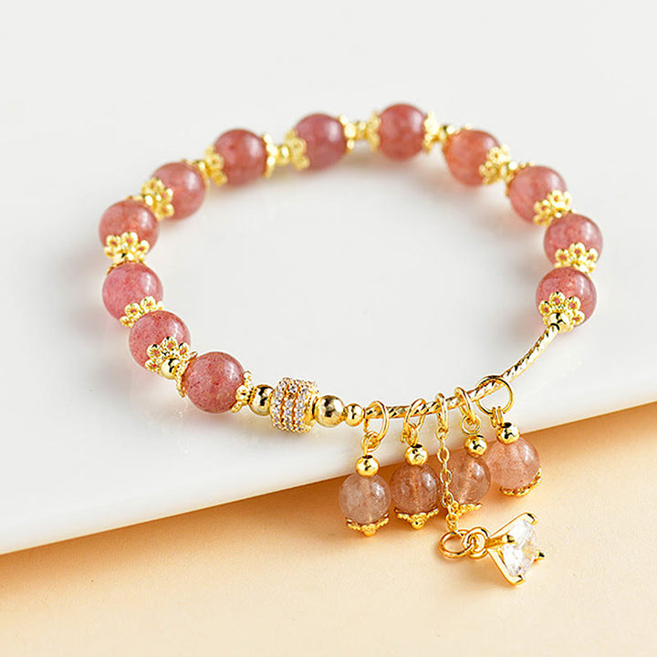 Buddha Stones天然ストロベリークォーツ クリスタル ジルコン ヒーリング ポジティブブレスレット