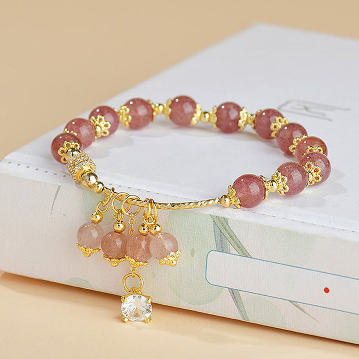 Buddha Stones天然ストロベリークォーツ クリスタル ジルコン ヒーリング ポジティブブレスレット