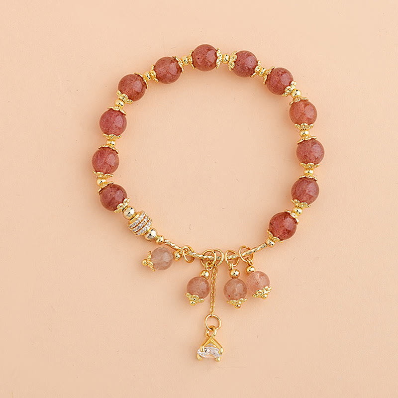Buddha Stones天然ストロベリークォーツ クリスタル ジルコン ヒーリング ポジティブブレスレット