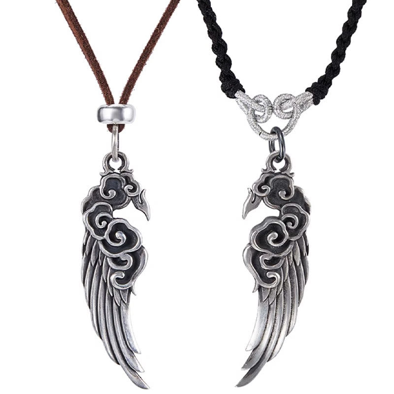 Buddha Stones925スターリングシルバー 縁起の良い雲の翼 コットンロープ 鹿革ロープネックレスペンダント