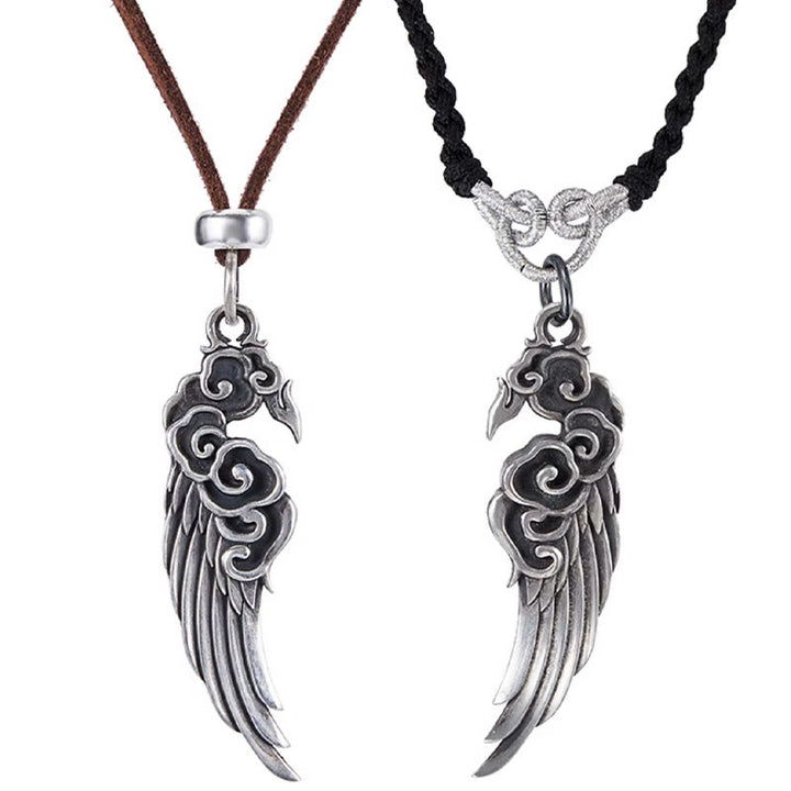 Buddha Stones925スターリングシルバー 縁起の良い雲の翼 コットンロープ 鹿革ロープネックレスペンダント