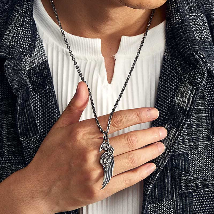 Buddha Stones925スターリングシルバー 縁起の良い雲の翼 コットンロープ 鹿革ロープネックレスペンダント